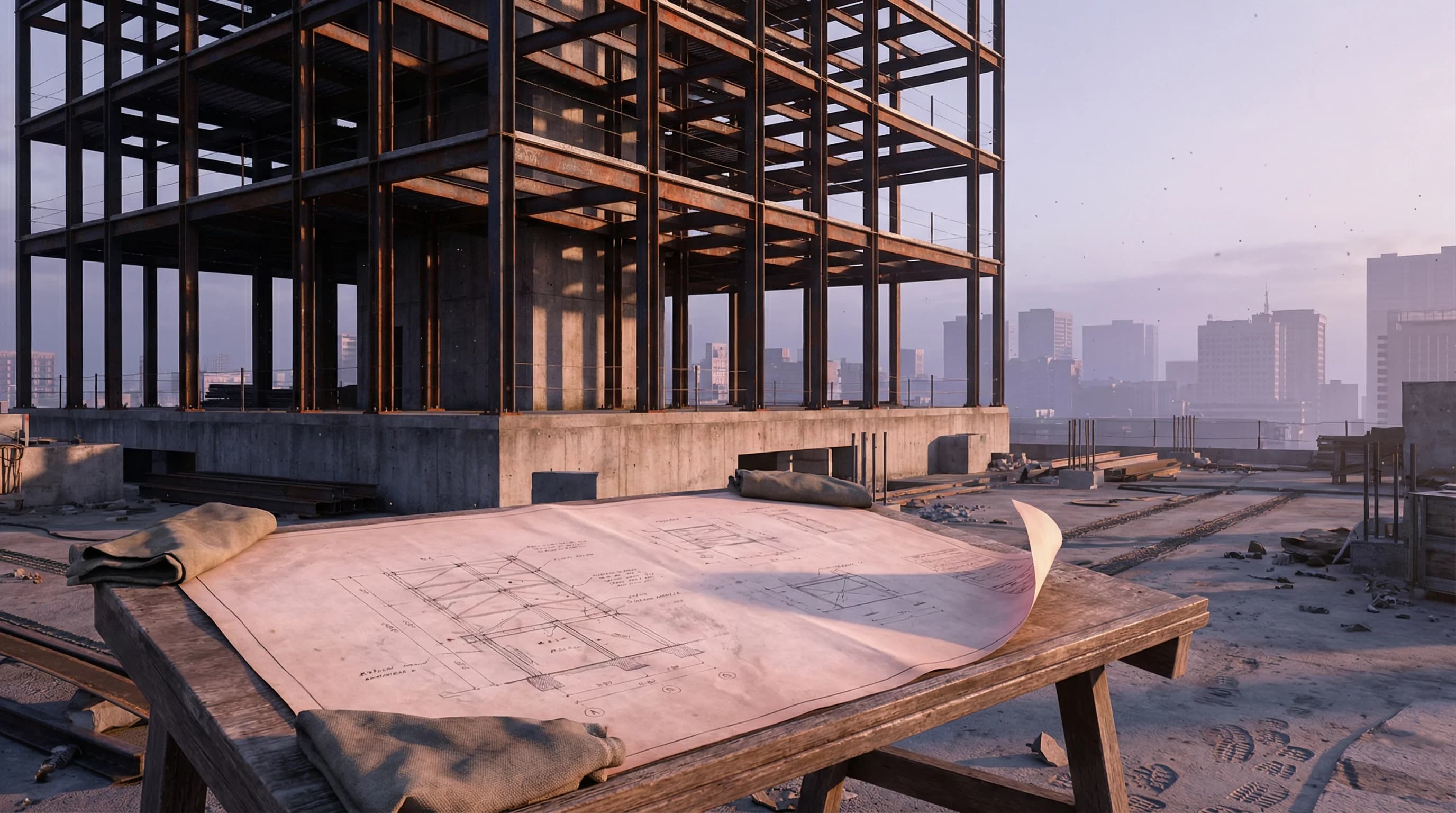 Strategic partnerships — construction blueprint at dawn